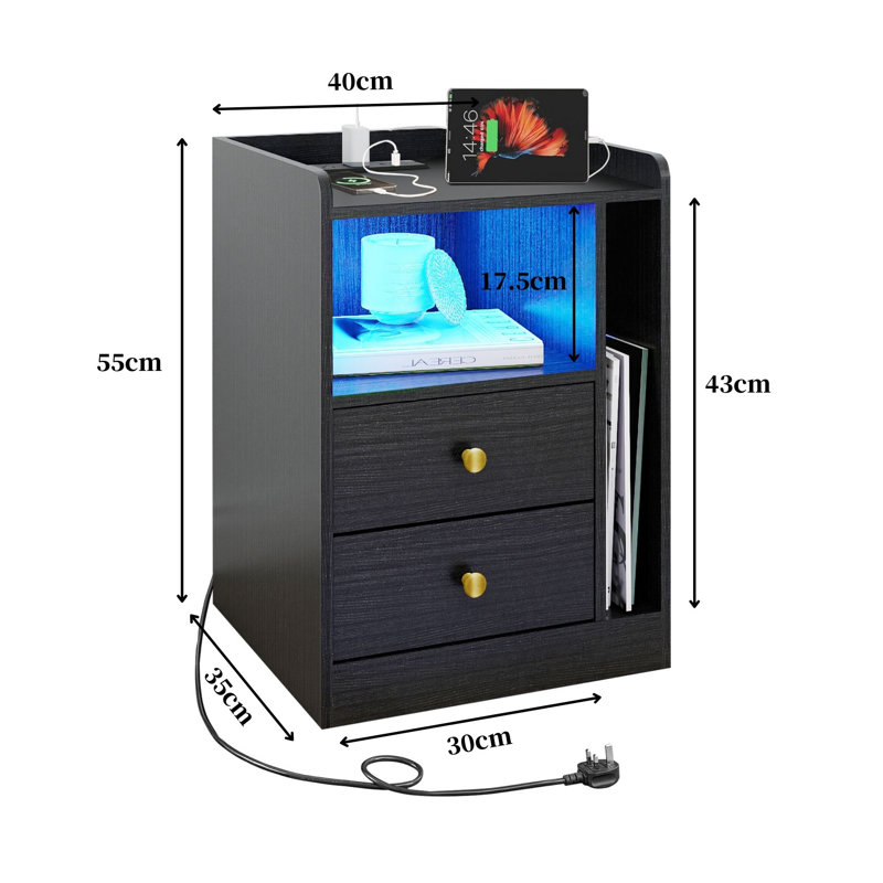 2 Drawers LED BedSide Table with Charging Station, Black