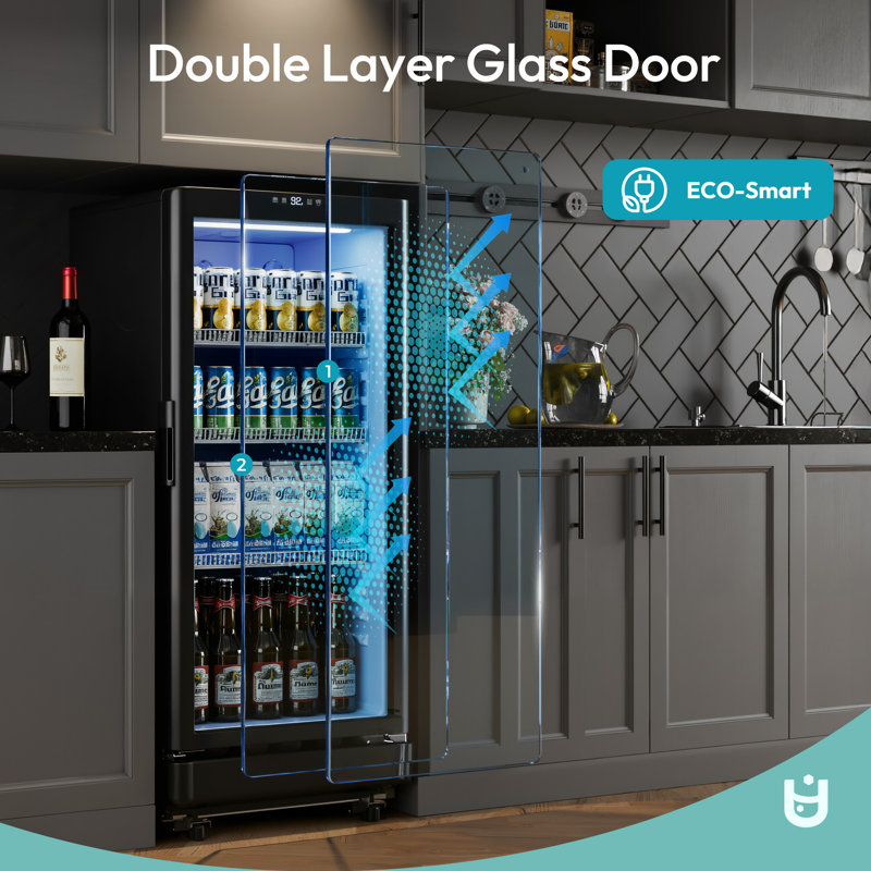 EUHOMY 6 cu. ft./220 Cans Beverage Refrigerator Freestanding, Glass Door & LED Light, Efficient cooling, for Home/Bar/Office, Black