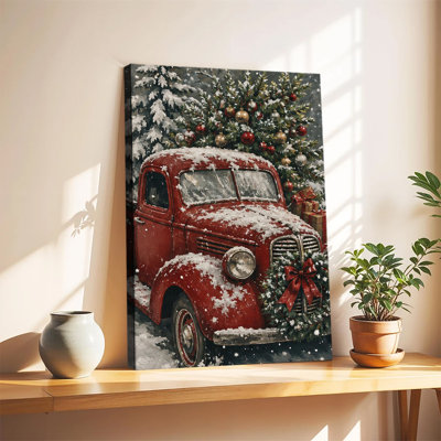 Vintage Red Pickup Truck Loaded With Christmas Tree And Gifts In Snowy Winter Scene Canvas Wall Art