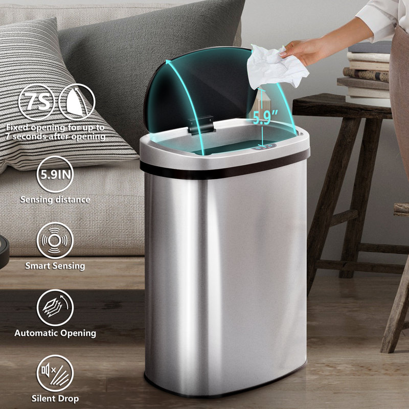Innovaze 13 Gallon Stainless Steel Touchless Trash Can with Black Lid