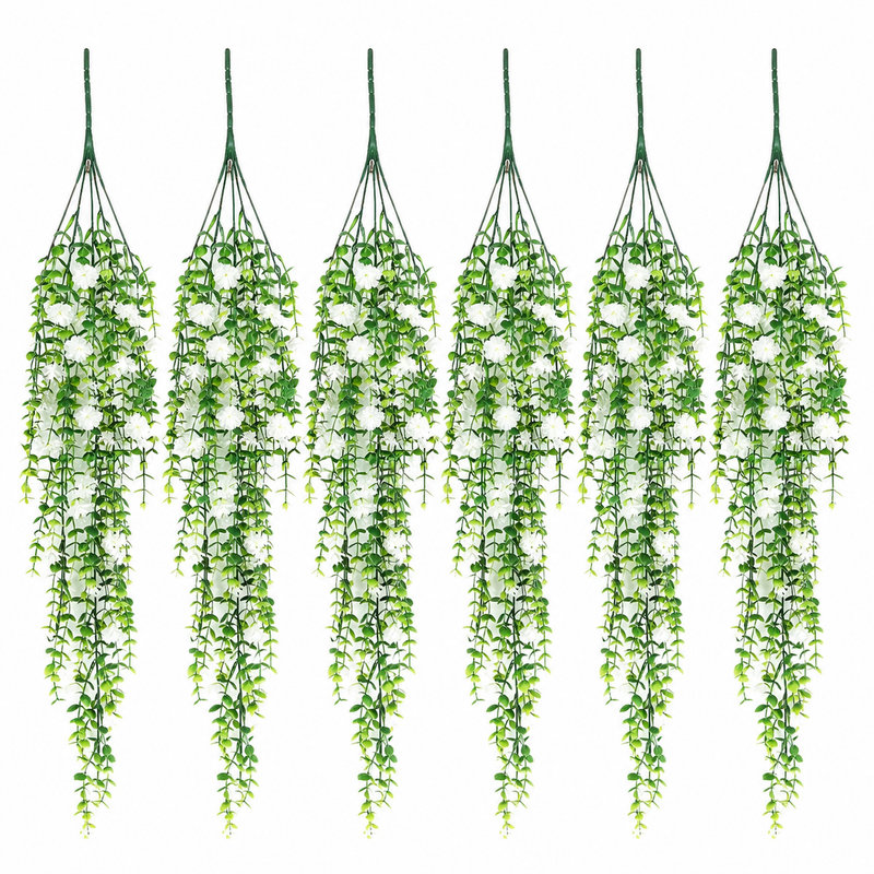 Ensemble de 6 guirlandes de 30,31 po en faux eucalyptus blanc et camélia pour mariage, décoration intérieure, Blanc, 6 pièces