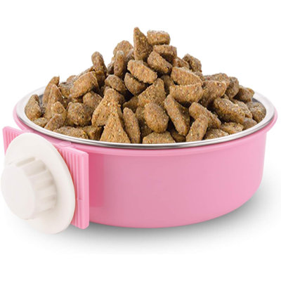 Crate Dog Bowl, Removable Stainless Steel Hanging Pet Kennel Cage Bowl Food & Water Feeder Coop Cup For Puppy, Cat, Rabbit, Guinea Pigs Ferret Bird (1 Pcs, Size: L, Pink)