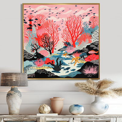 Corail rouge profond avec illustration de poissons - impression d'art mural corail