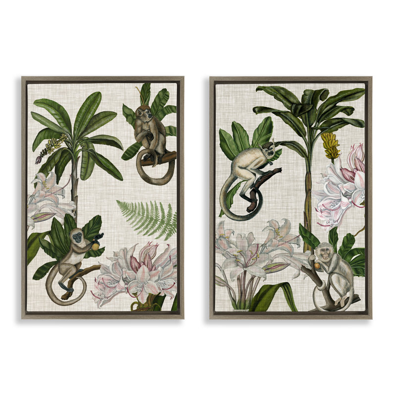  «Tropical Trees & Monkeys», ensemble de 2 toiles flottantes encadrées par Naomi McCavitt, H 31 po x l 21 po