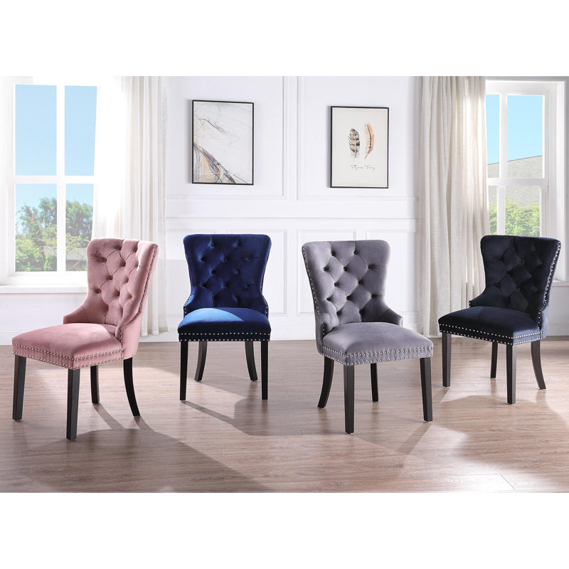 Belrue 20'' H Tufted Velvet Upholstered Walnut Side Chair, Blue