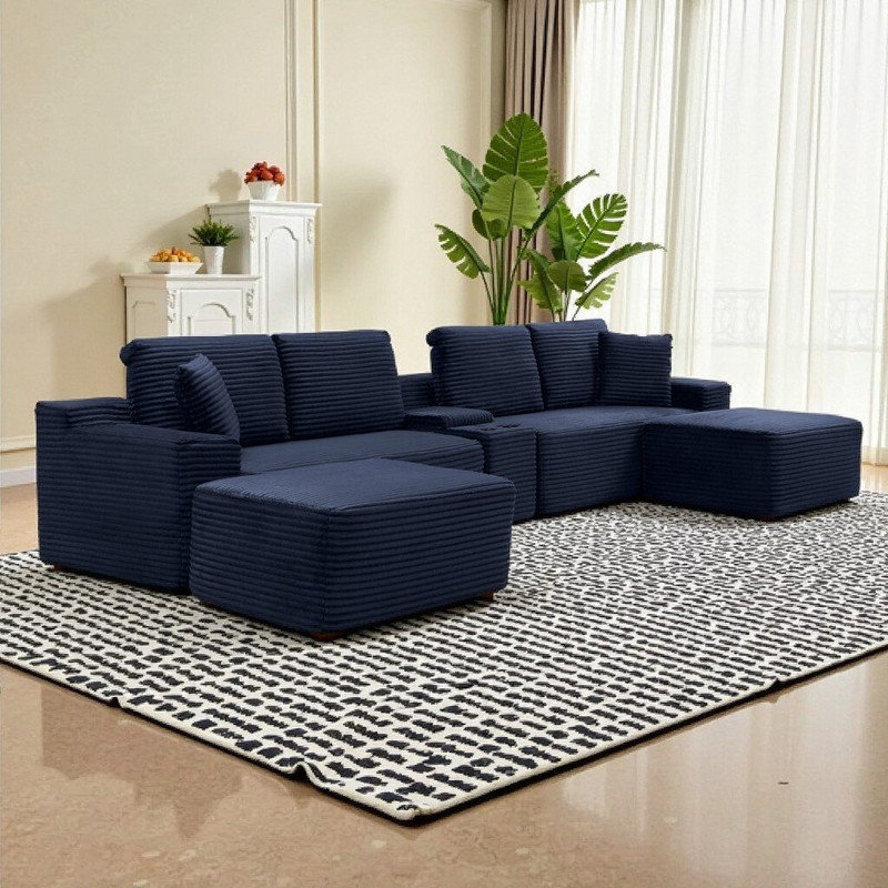 Canapé modulaire en forme de L 125 po avec repose-pieds, porte-gobelets et recharge USB 125 po, Bleu