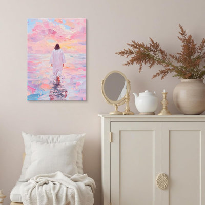 Jesus Canvas Wall Art Pink Jesus Walks On Water Painting Picture Wall Decor Religious Savior Wall Art Christian Bible Stories Poster Print Artwork For