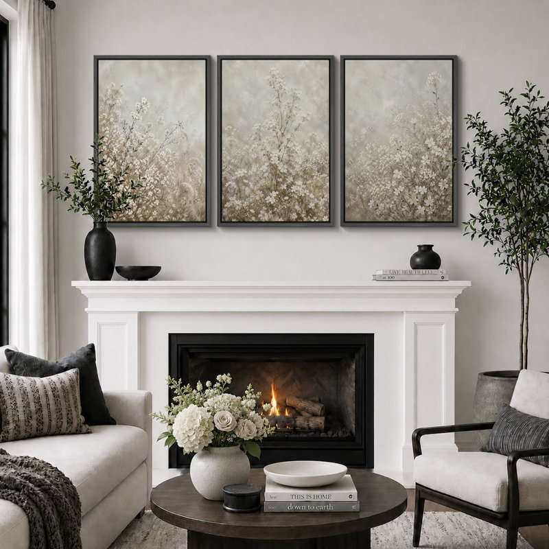 Paysage hivernal de fleurs sauvages aux tons neutres, tableau pour salon, impression giclée sur toile encadrée en 3 parties - 3 pièces de 40,6 x 61 cm et 3 pièces de 61 x 91,4 cm
