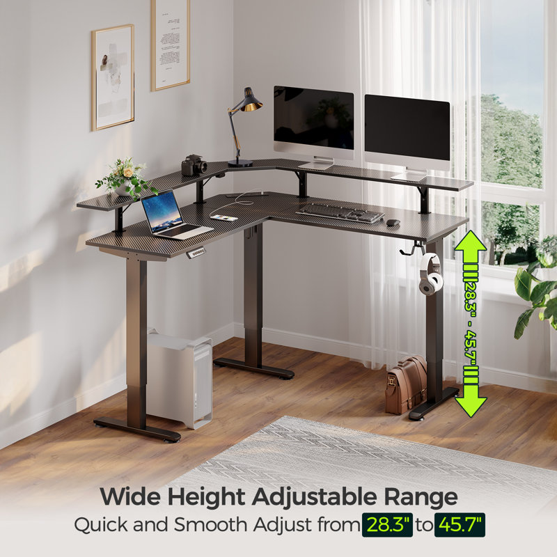 Standing Desk L Shaped with LED Light and Power Outlet, Electric Height Adjustable Computer Office Desk Sit Stand Up with Monitor Stand
