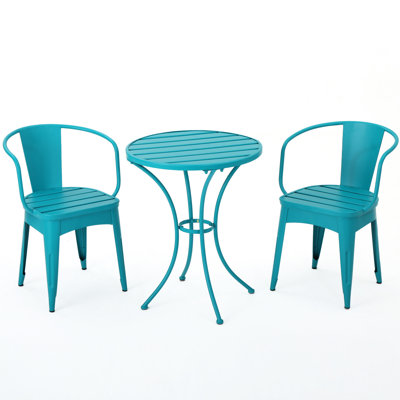 Outdoor Teal Bistro 3 Pc, Metal, Powder Coated, Water-, 30" Table, 16.25" W Chairs Iron 3, 24.16" W&D, Powdered Coating, Long-Lasting,