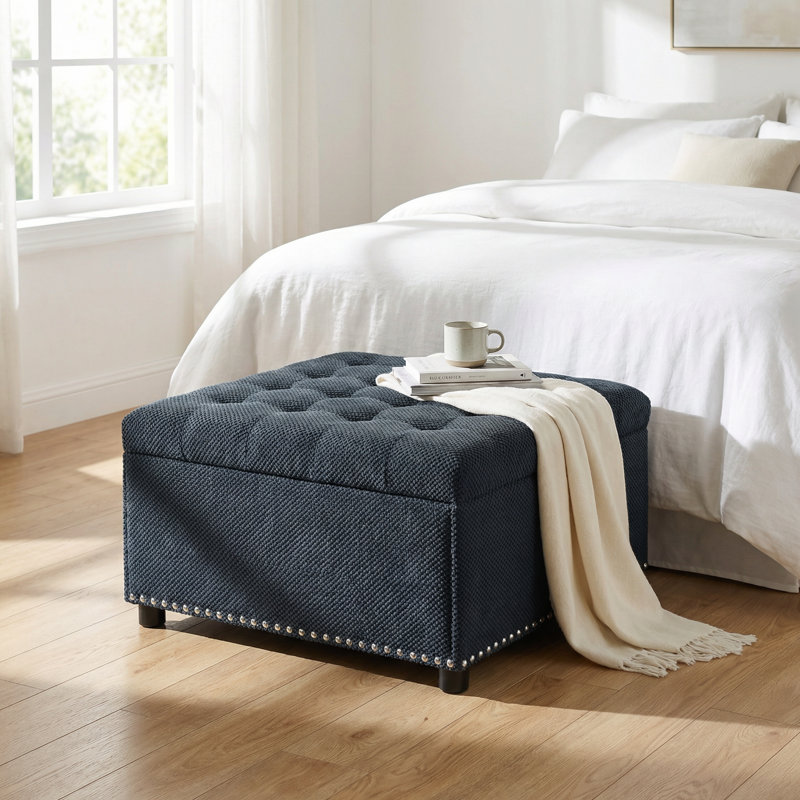 Elegant Tufted Square Storage Ottoman with Hidden Compartment and Nailhead Trim Accent for Living Room, Bedroom, or Home Office