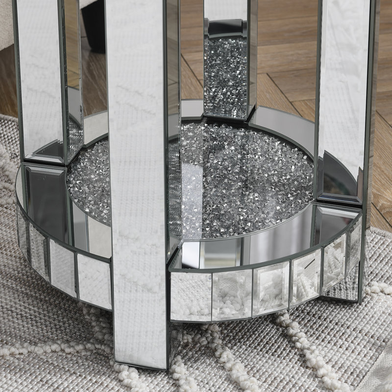 Table ronde à miroir avec incrustation de cristal, petit canapé moderne à 2 couches avec espace de rangement, table décorative argentée convenant au salon, à la chambre à coucher, au café et aux petits espaces