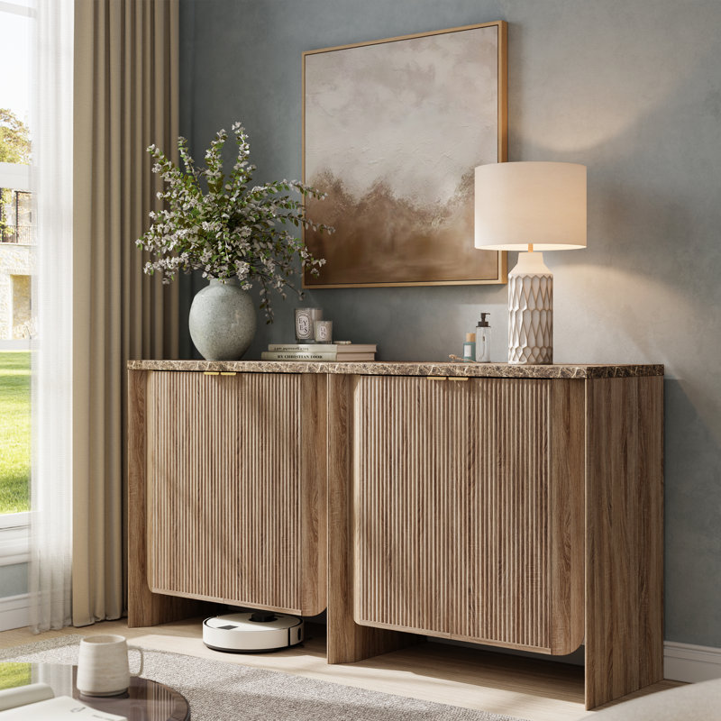 31.5"W Buffet Cabinets With Storage, Modern Fluted Sideboard With 2 Doors & Adjustable Shelf,  Wood Coffee Bar Table For  Kitchen Dining Room