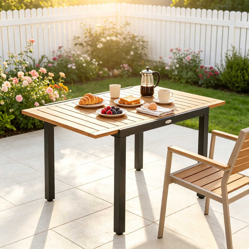 Natural Wood Expandable Patio Dining Table, 120cm Outdoor Dining Table with Acacia Wood Top & Black Metal Frame,