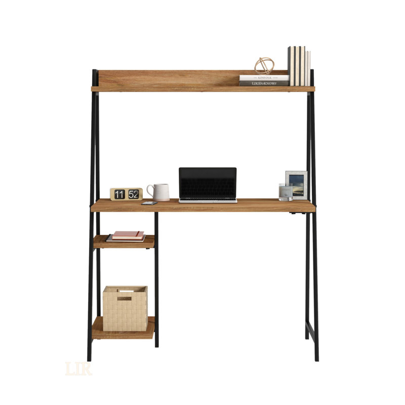 Bureau spacieux et robuste avec rehausse, finition brune, pour une organisation améliorée et un placement polyvalent dans n'importe quelle pièce