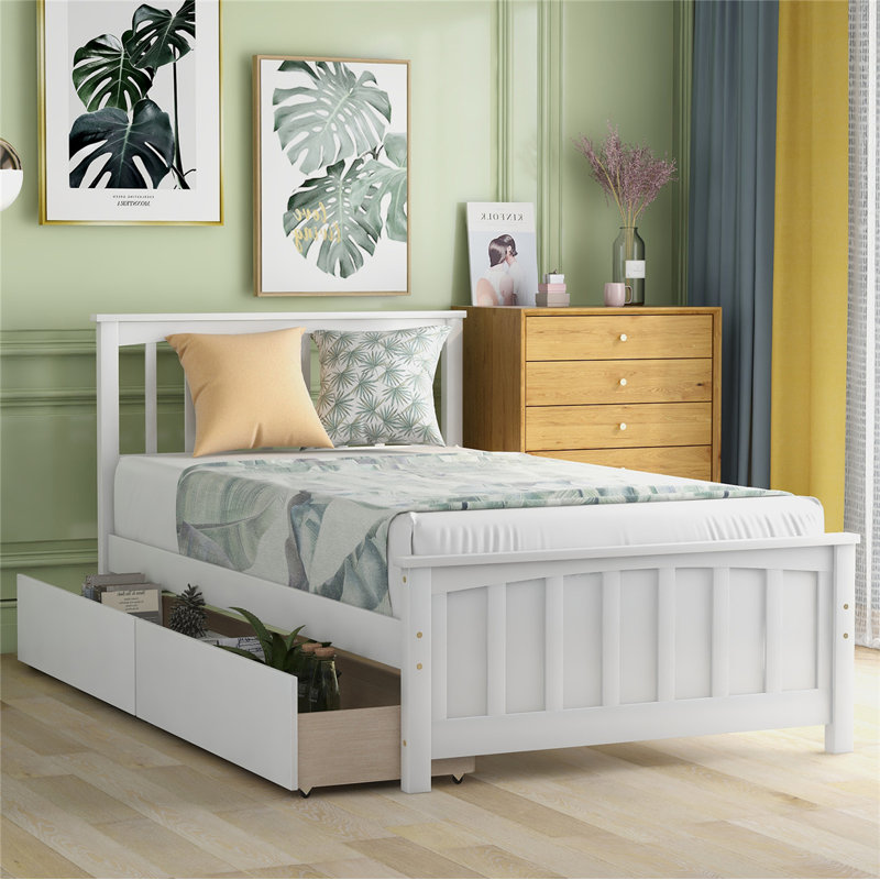 Santa Monica Twin size Platform Bed with Two Drawers, White