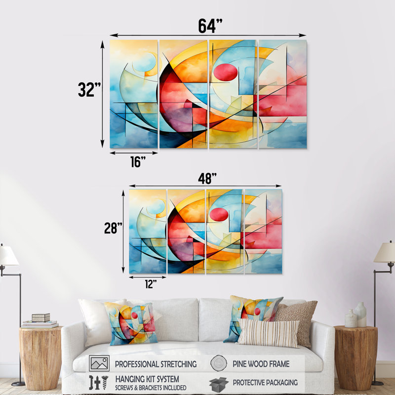 Cubic Soft Colors Tiles II - Art mural abstrait géométrique 4 pièces pour le salon, H 32 po x l 64 po