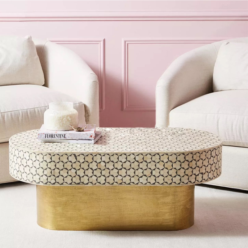 Hand - Painted Vintage Wood Coffee Table, Light Yellow Wood