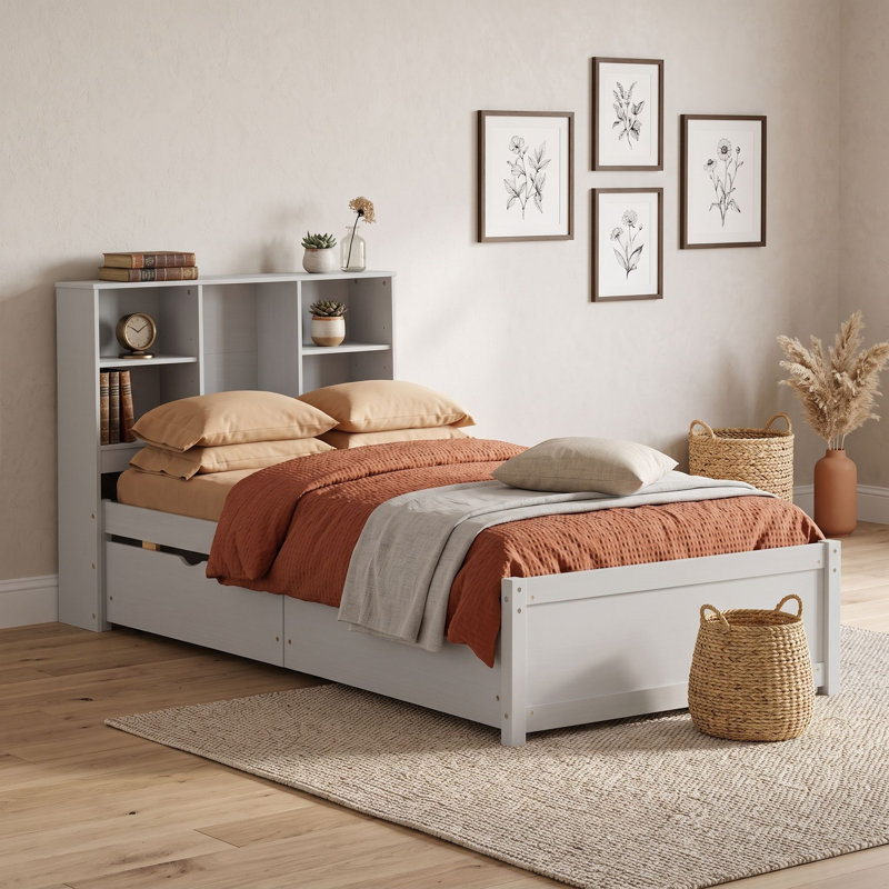 Lit en bois avec port de chargement USB et tiroirs, Gris