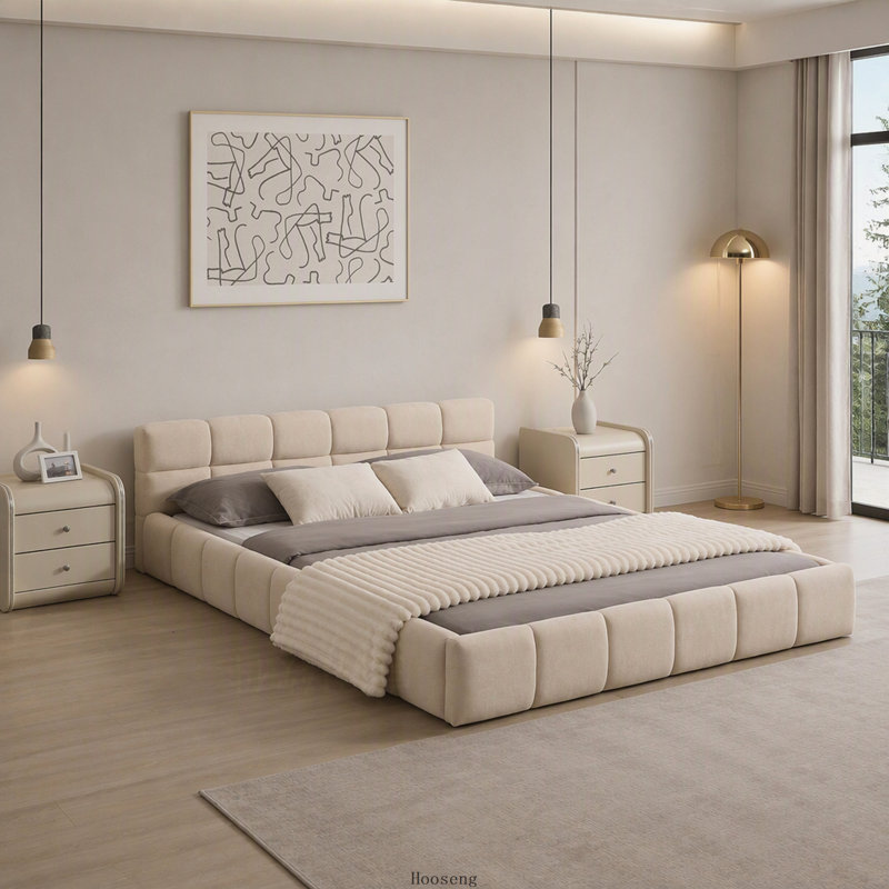 Lit Queen élégant en chenille beige à motif damier, beige, Grand lit