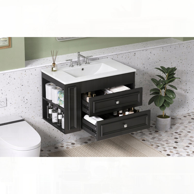 Meuble-lavabo mural moderne avec tiroirs en céramique, Noir