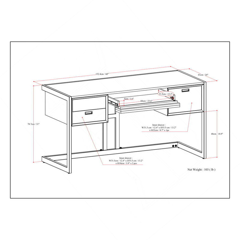 Bureau - Gris patiné, Gris / Noir, H 31 po x l 60 po x P 22 po
