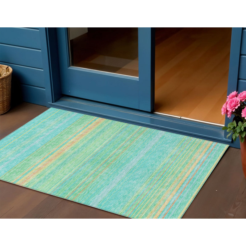 3' X 5' Aqua Green And Yellow Striped Washable Indoor Outdoor Area Rug