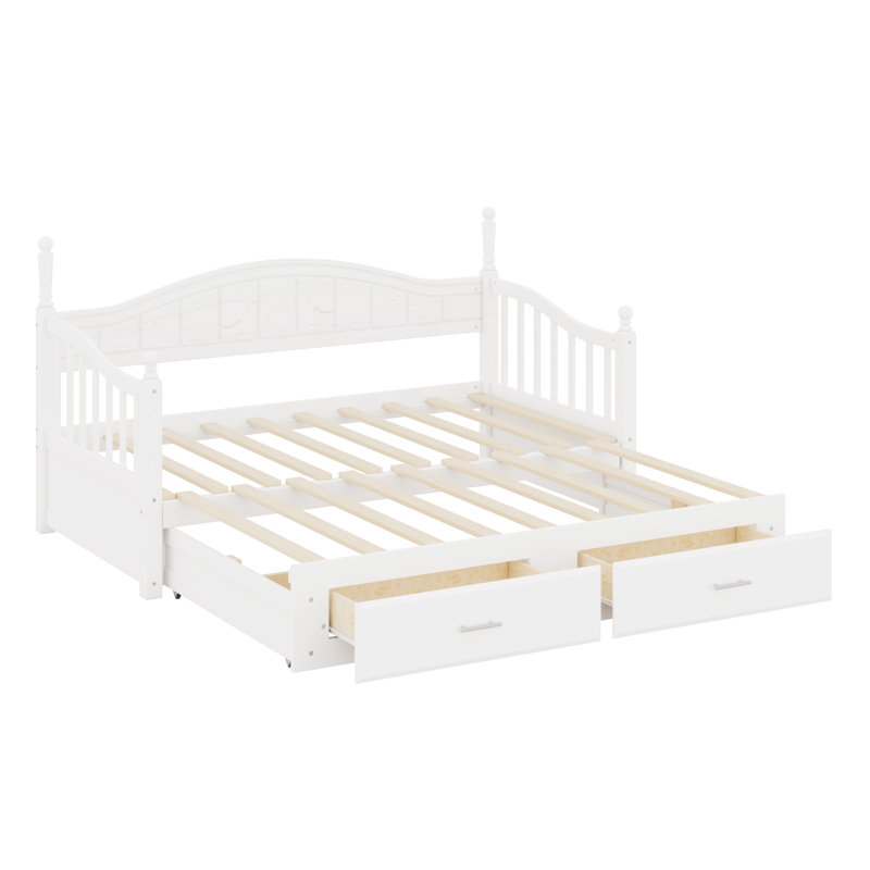 Lit de jour avec lit gigogne, lit de jour extensible avec deux tiroirs de rangement, Blanc