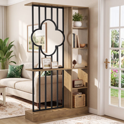 71" Wall Room Divider with Storage Shelves, Farmhouse Tall Freestanding Room Partition