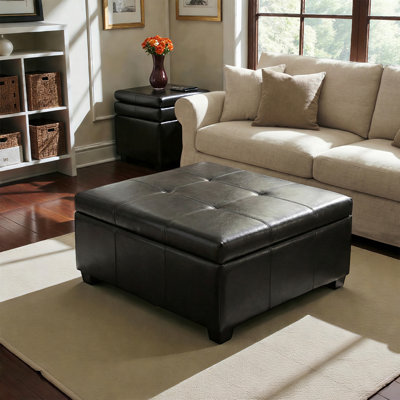 34" W Square Tufted Faux Leather Storage Ottoman Coffee Table