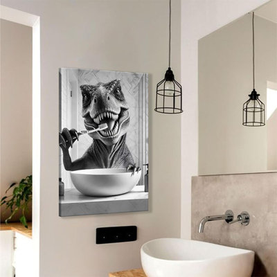 Black And White Dinosaur Bathroom Wall Art, Funny T-Rex Brushing Teeth Framed Canvas Painting Print For Boys Restroom And Kids Washroom Decor, Ready To Hang, 16X24 Inches