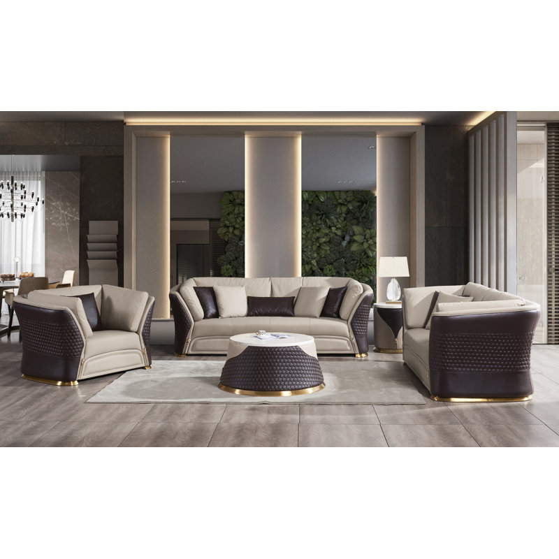 Leather Loveseat, Sand Beige/Chocolate Genuine Leather
