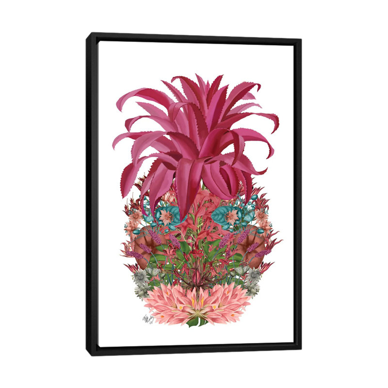 «Floral Pineapple III», impression sur toile, H 26 po x l 18 po x P 1,5 po, Toile avec cadre noir, Pas de tapis