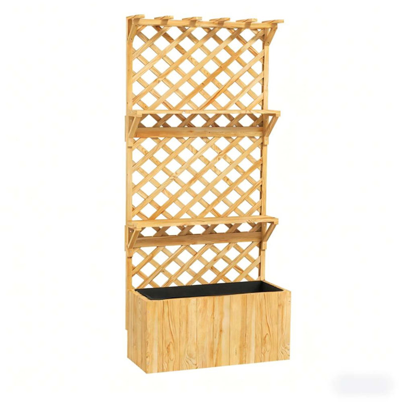 Wooden Planter,Raised Garden Bed,With Trellis, Hanging Roof, Plant Shelf, Drainage Holes And Bed Liner