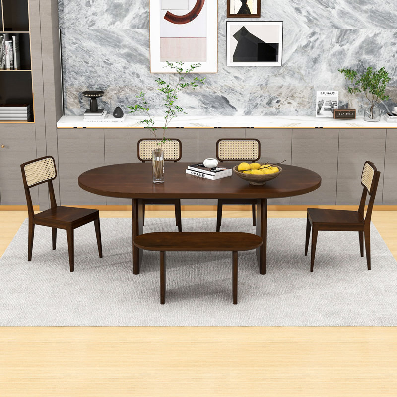 Ensemble de table de salle à manger 6 pièces avec table ovale, 4 chaises à dossier en rotin et banc, Brun