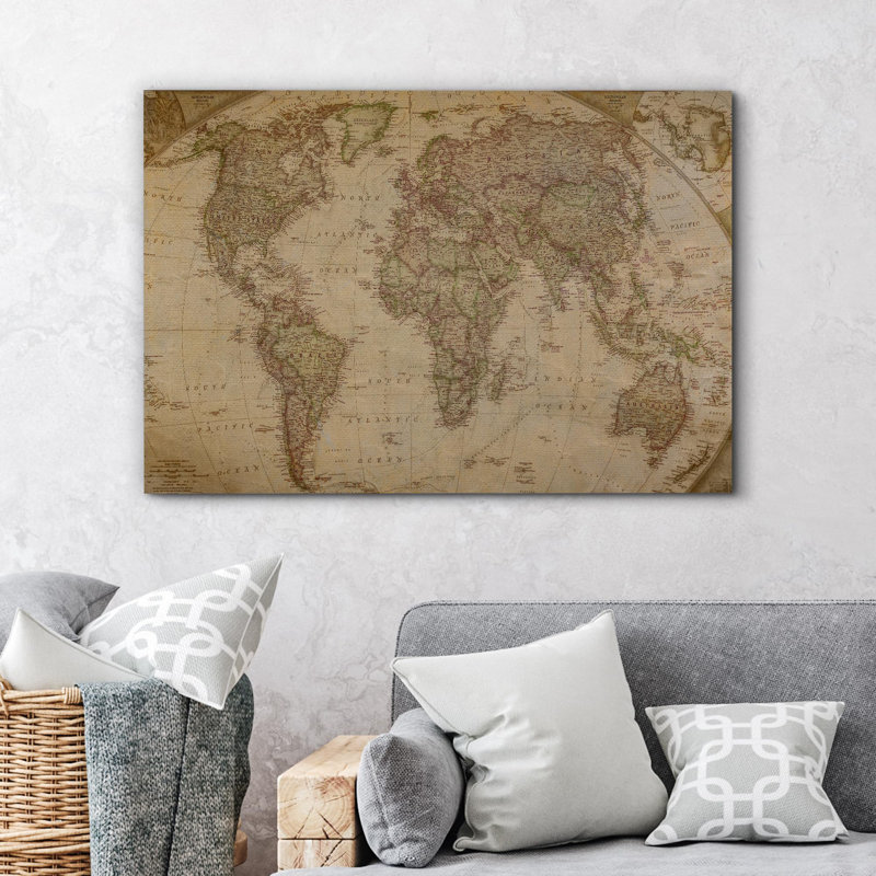 World Map Brown Vintage Antique Global Pictures On Large Canvas Print Wall Art, 32" H x 48" W x 1.5" D