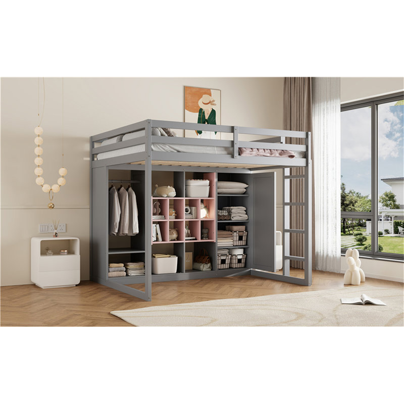 Wood Loft Bed With Wardrobe, Pink/Gray, Full