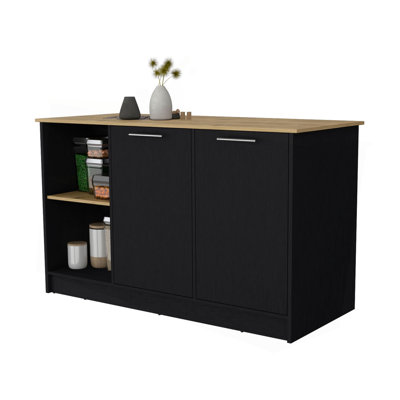 Mercury Kitchen Island With Spacious Countertop, Double Door Cabinets, And 2 Open Storage Shelves