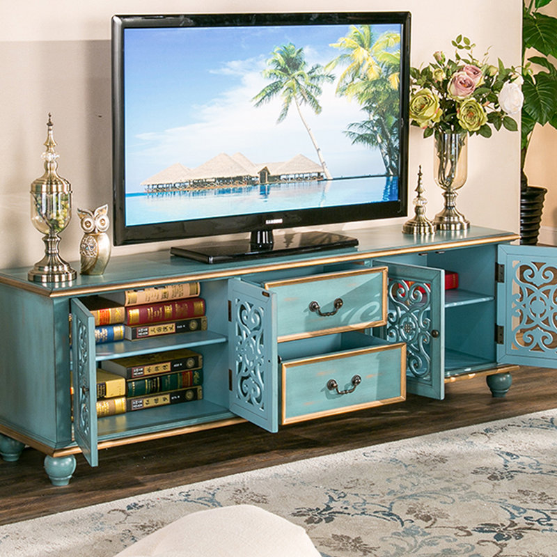 Mediterranean Style TV Stand, Blue/Gold, 70.86"