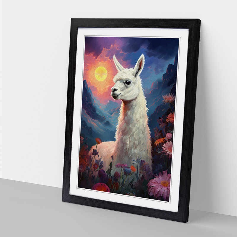 Llama Romanticism No.2 - Single Picture Frame Print on Wood, Black Framed, 64cm H x 46cm W x 2cm D