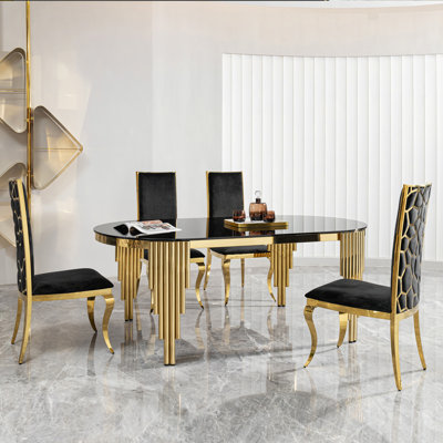 Table de salle à manger de forme ovale L 70,07 po x l 34,64 po x H 29,53 po avec plateau en verre et pieds en acier inoxydable doré faciles à assembler et à nettoyer