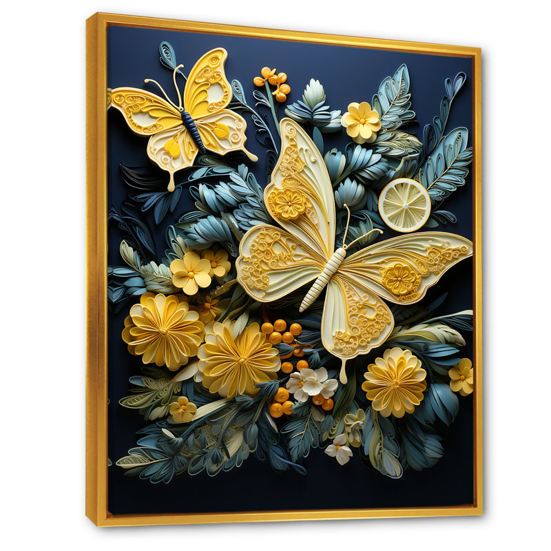 Délice de papillon jaune citron sur toile, Cadre flottant doré, H 40 po x l 30 po x P 1,5 po