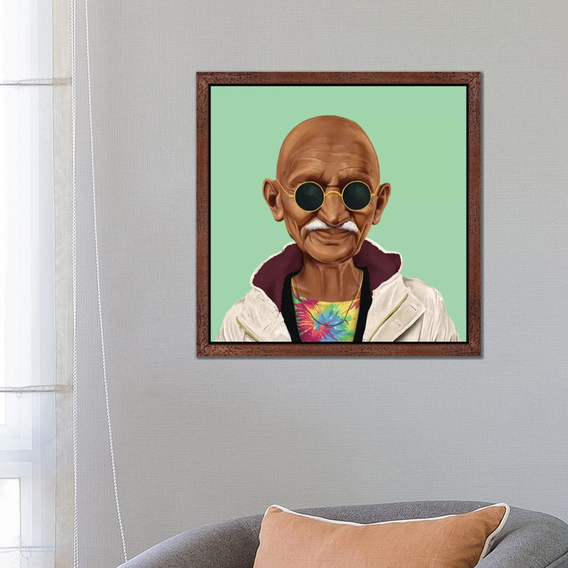 Mahatma Gandhi by Amit Shimoni - Floater Frame Print on Canvas, Brown Framed, 93.98 cm H x 93.98 cm W