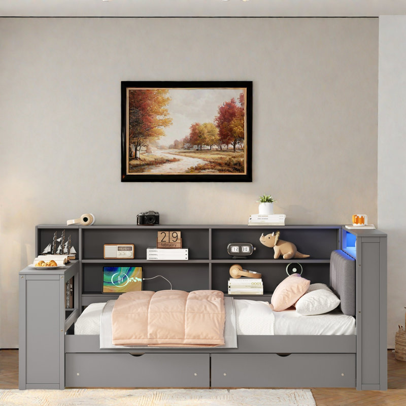Wood Daybed With Storage Shelves, 2 Drawers, Charging Station, Led, Desk And Upholstered Headboard, Twin, Gray