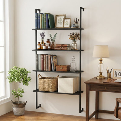 4-Tier Industrial Wall-Mounted Ladder Bookshelf, Rust-Resistant Reinforced Metal Frame & Smooth Finished Wooden Boards, Fits Living Room, Entryway
