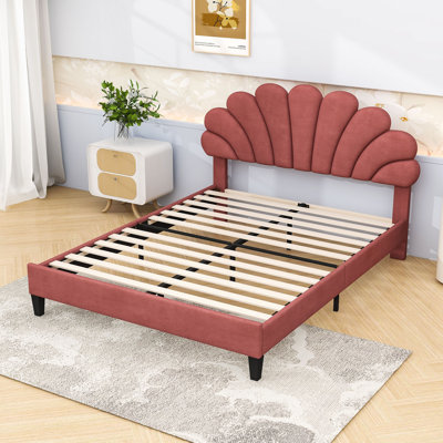 Upholstered Platform Bed with Flower Pattern Velvet Headboard, Sturdy Wood Frame with Slats, No Box Spring Needed