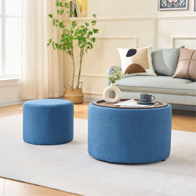 Repose-pieds gigognes avec rangement Ball & Cast, repose-pieds en lin avec plateau en bois, table basse ronde et banc