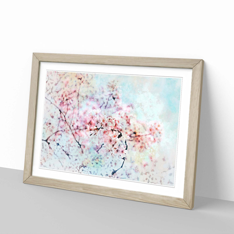 Japanese Cherry Tree in Pink in Abstract - Framed Print, 62cm H x 87cm W x 2cm D, Oak Framed