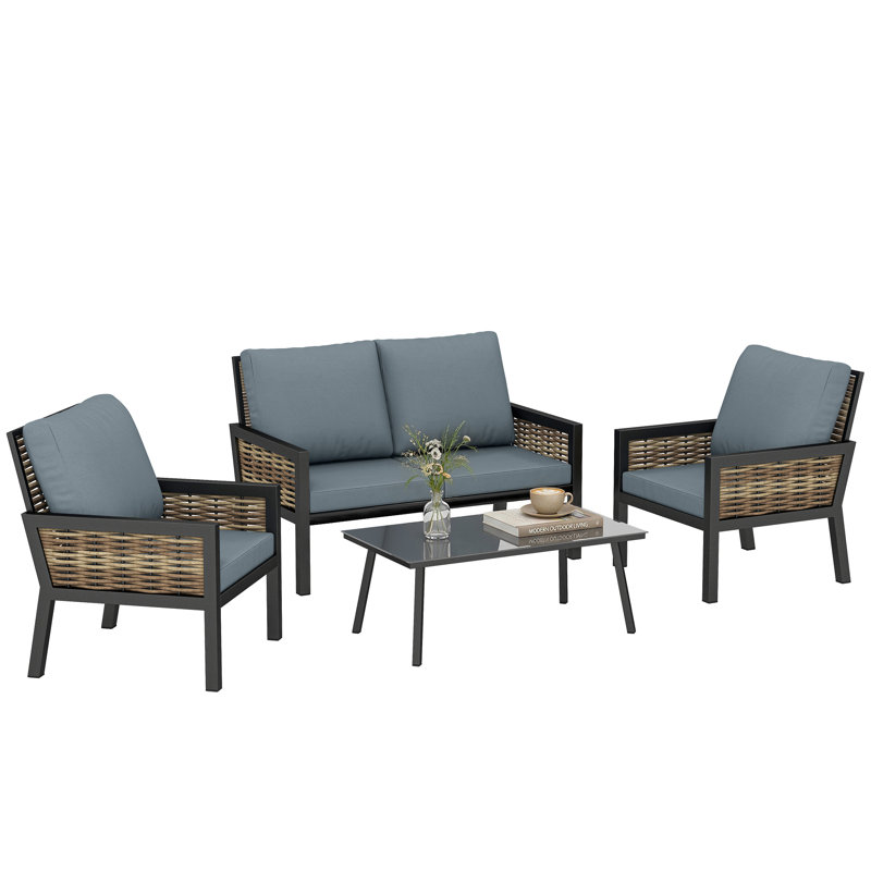 Rattan Sofa Set, Grey Blue Cushion/Brown Frame