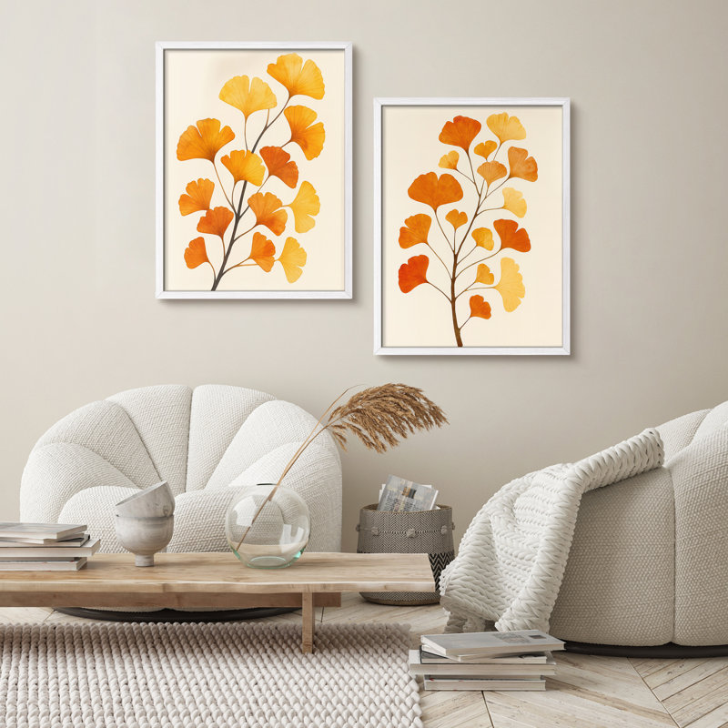 «Golden Ginkgo Leaves», ensemble d'art mural encadré - 2 pièces d'automne botaniques dans des tons chauds de jaune et d'orange, œuvre d'art élégante pour le salon ou la salle à manger